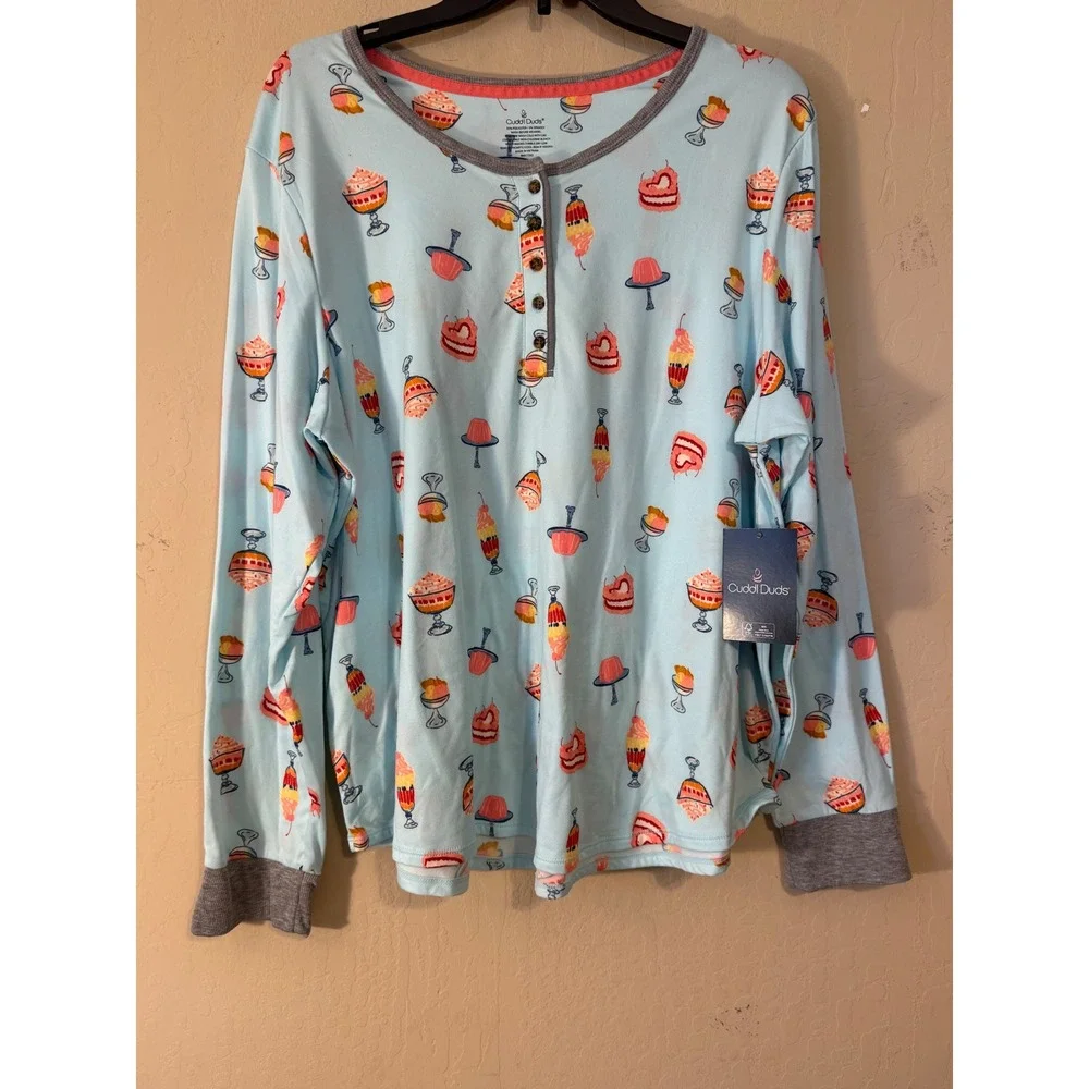 Cuddl‎ Duds Pajama Set Women XL Blue Dessert Print Henley Jogger Loungewear NEW